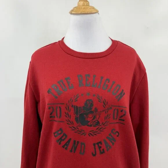 True Religion Sweatshirt Womens Medium Rich Red Fleece Long Sleeve Crew Neck - Picture 3 of 13